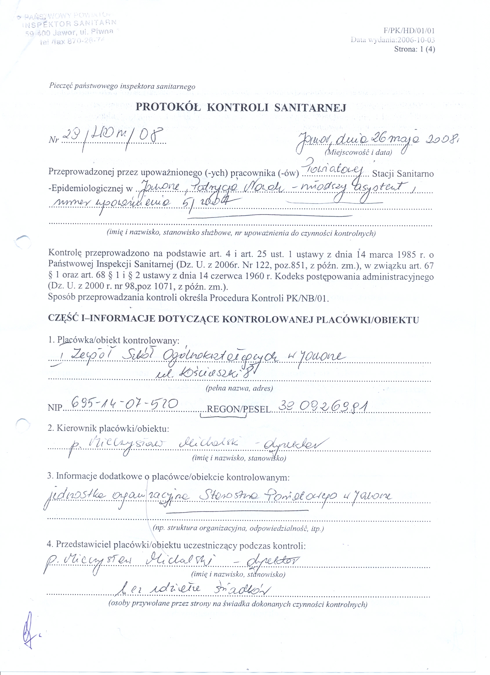 Protok&oacute;ł z kontroli PSSE-str1